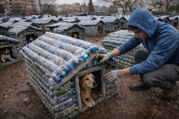 Adolescente na Espanha transforma garrafas recicladas em casinhas quentinhas para cães de rua