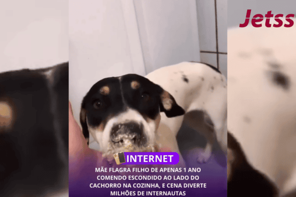 Mãe flagra filho de apenas 1 ano comendo escondido ao lado do cachorro na cozinha